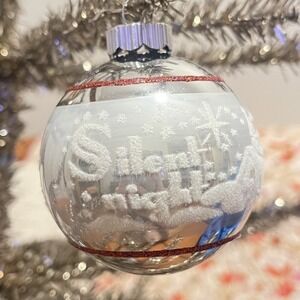 Radko Shiny Brite Stenciled‎ Flocked Ornament Silent Night Church Silver Red MCM